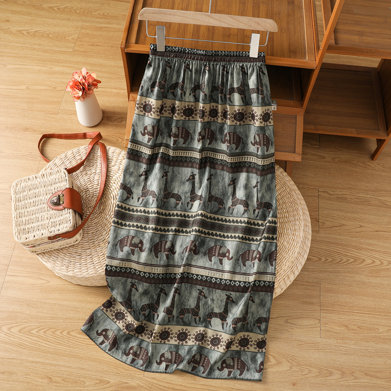 Chinese Style Printed Cotton Skirt for Women, Summer Retro Elegant Slit Pencil Skirt, Plus Size High-Waisted A-Line Mid-Length Skirt Chinese Style Printed Cotton Skirt for Women, Summer Retro Elegant Slit Pencil Skirt, Plus Size High-Waisted A-Line Mid-Length Skirt