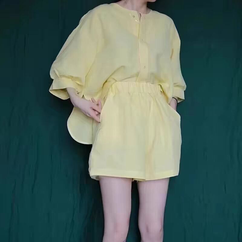 First-Line Brand High-End Linen Yellow Shirt Set for Women, Summer Casual Versatile Cotton-Linen Shorts Two-Piece Set