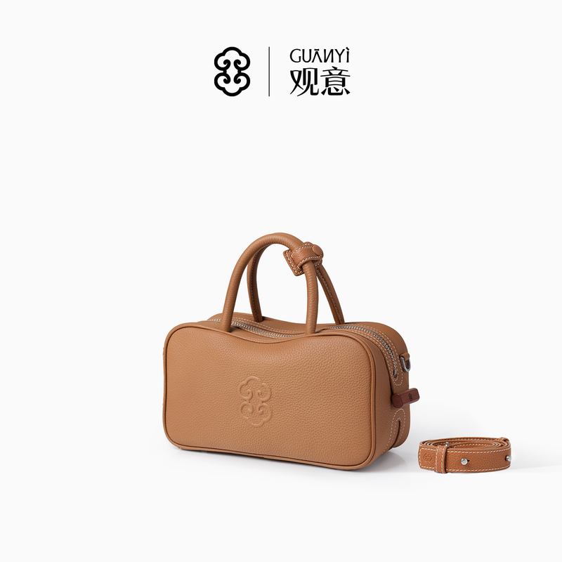 【New Product】Guan Yi Pen Case Bag, First Layer Cowhide Bowling Handbag, Crossbody Shoulder Bag, Small Phone Bag