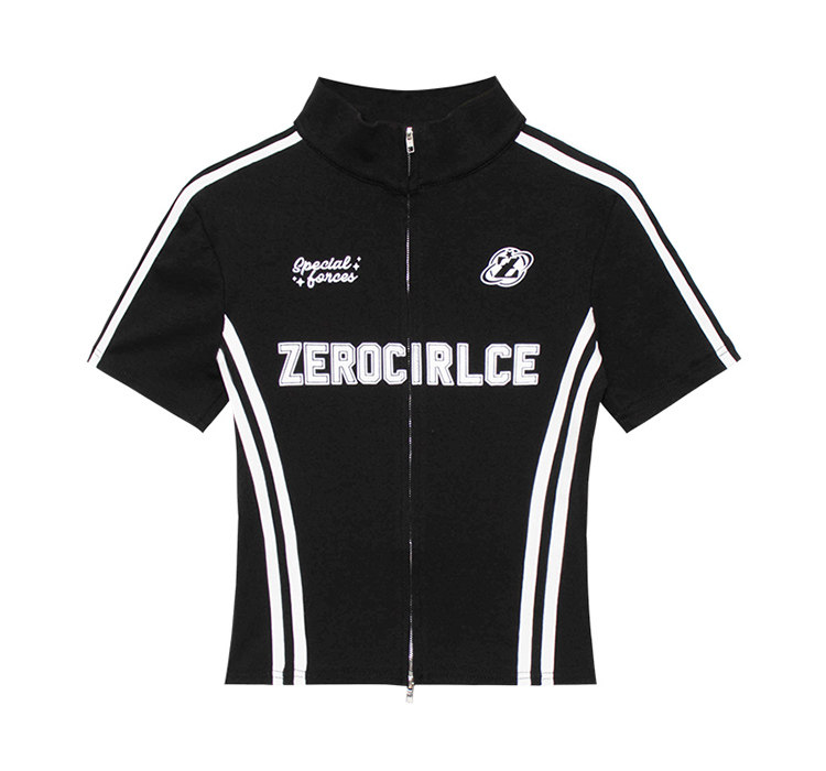 淘集运台湾代购台湾集运美式学院风辣妹紧身拉链t恤女洋气百搭时尚字母印花短款运动上衣