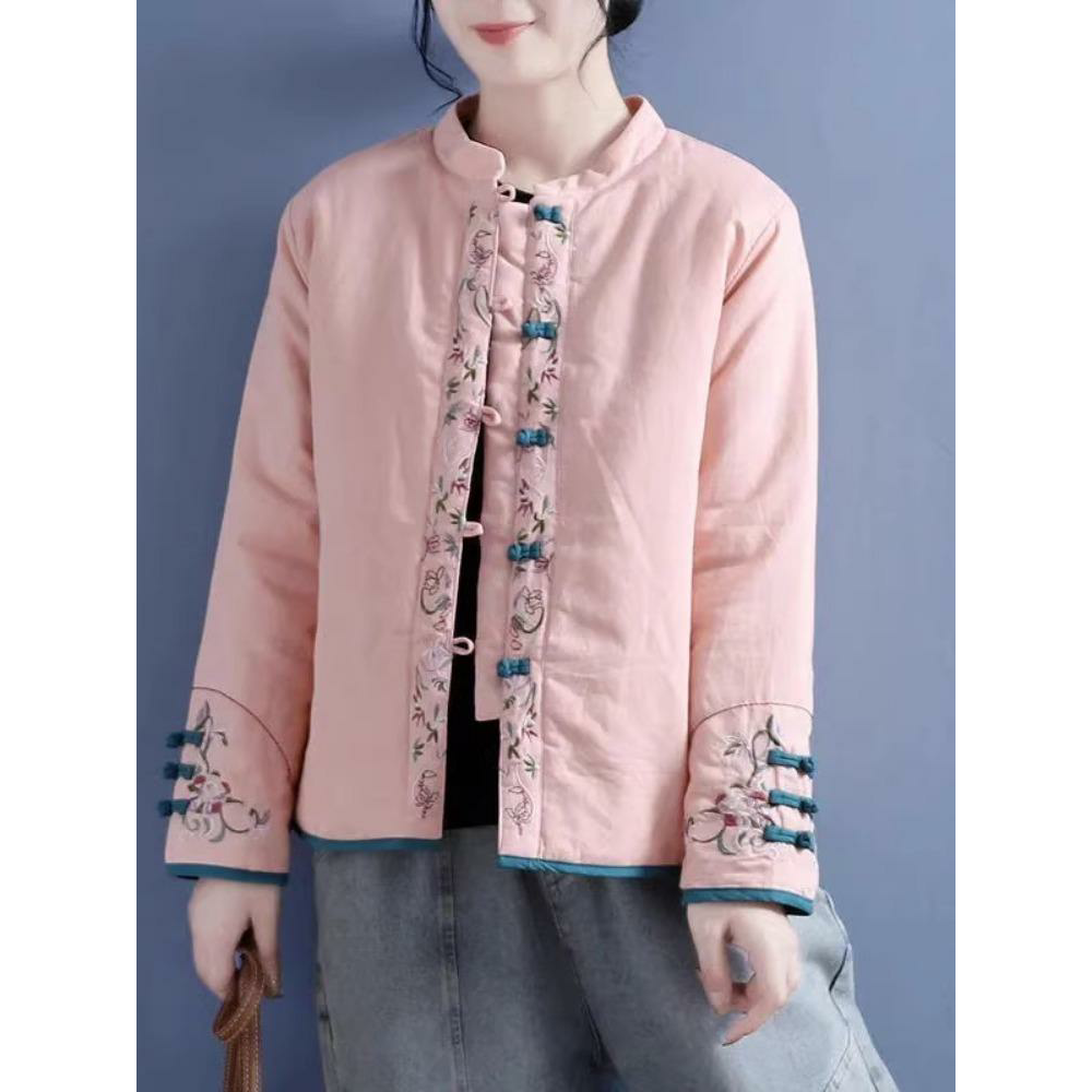 Wind art retro disc buckle embroidered cotton clothes woman autumn winter cotton linen jacket Chinese clip cotton open-shirt tea cotton padded jacket comfortable-Taobao