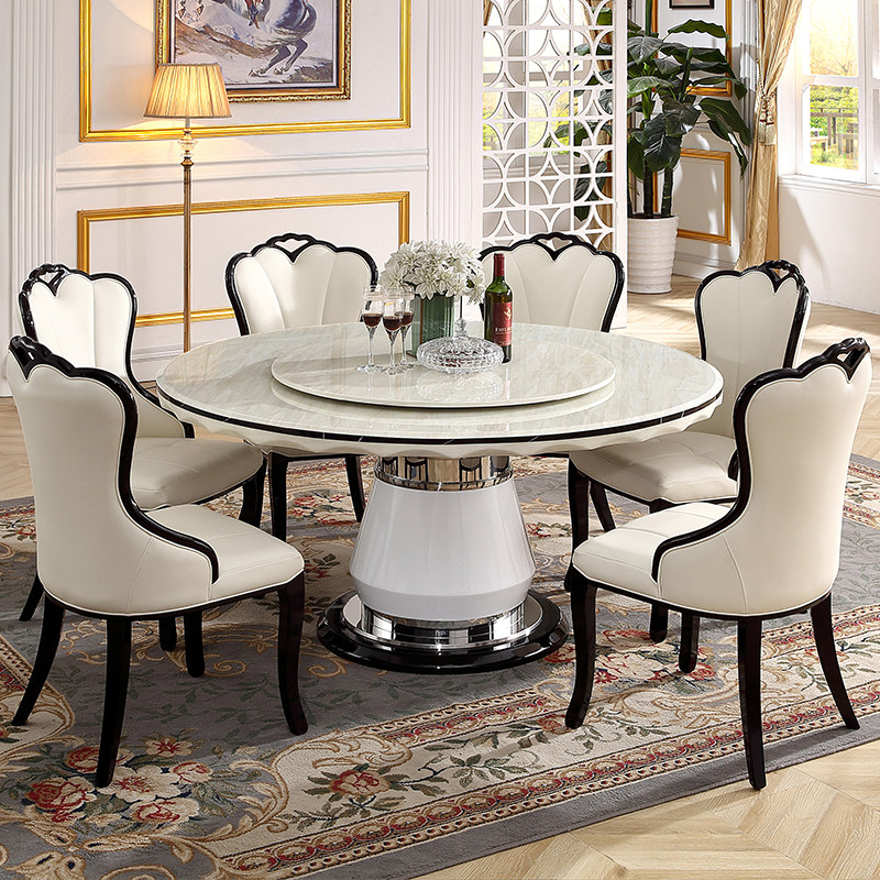 European style marble dining table and chair combination, simple model room, model room, self built house, home use, large circular villa, round table (1627207:16615243834:color classification:One table, eight chairs, 1.35-meter table, 80 turntable, PU l