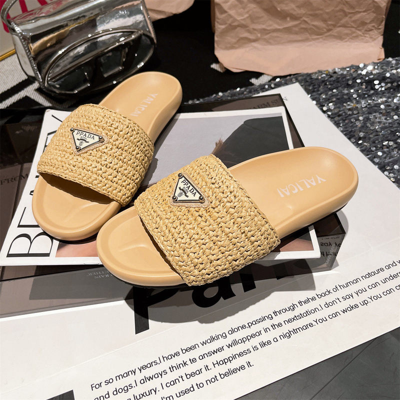 Hong Kong Purchase of Prada Summer Linen Straw Open-Toe Flat Beach Vacation Sandals