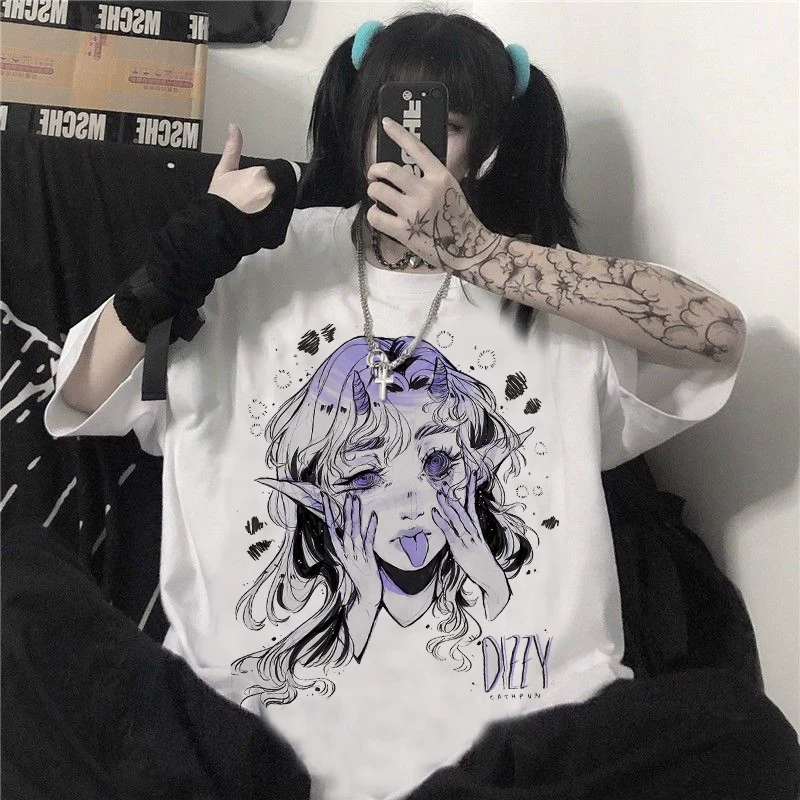 [Каваийи женскиеOversized футболки Харяжку музыка девушка принт Cr]