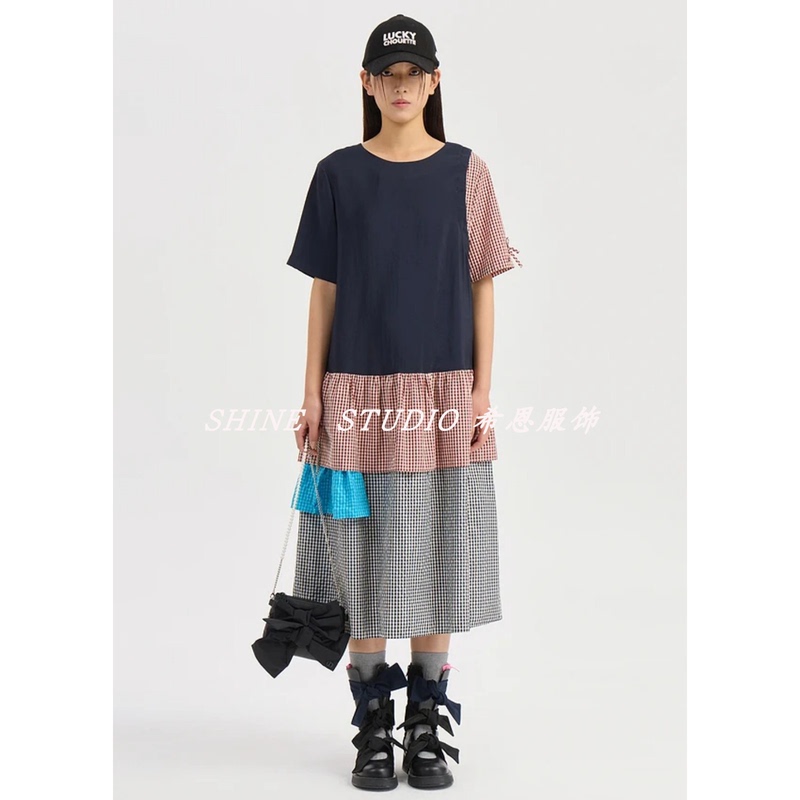 Korean Single Lucky~ Retro Patchwork Plaid Dress Loose Long Short-Sleeved Dress T-Shirt Dress Lfdam26420