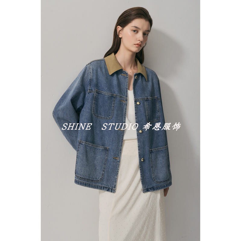 Korean Style Min~ Color-Blocked Lapel Washed Cotton Blue Denim Jacket with Multiple Pockets, Workwear Style A-Line Top Not622W Korean Style Min~ Color-Blocked Lapel Washed Cotton Blue Denim Jacket with Multiple Pockets, Workwear Style A-Line Top Not622W