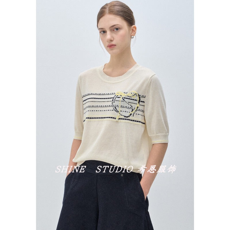 Korean Style Min~ Jacquard Striped T-Shirt, Fashionable and Versatile, Casual Short Knit Top, Round Neck Shirt for Women, Summer Kto902W