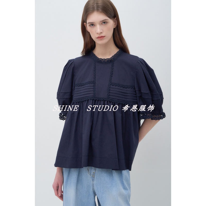 Korean Style O Kou~ Youthful and Age-Reducing~ Lace Trim Puff Short-Sleeve Plain Shirt Loose Solid Color Women's Wto432W Korean Style O Kou~ Youthful and Age-Reducing~ Lace Trim Puff Short-Sleeve Plain Shirt Loose Solid Color Women's Wto432W