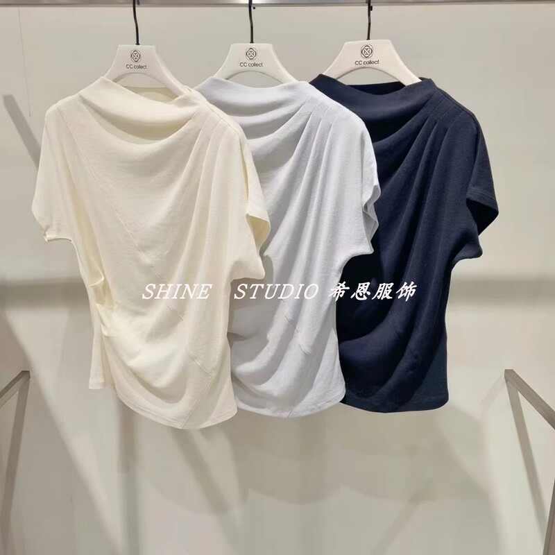 Korean Style Cc~ Flutter Collar Pleated Patchwork Knit Short-Sleeve T-Shirt Thin Casual Raglan Sleeve Top C262Psm055