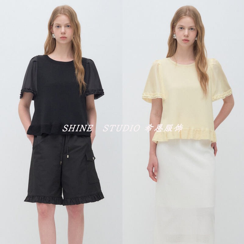 Korean Style O-Neck ~ Patchwork Flutter Sleeves ~ Solid Color Sweet Style Knitted Top with Lace Trim, Loose Thin Women's Top Kto171W