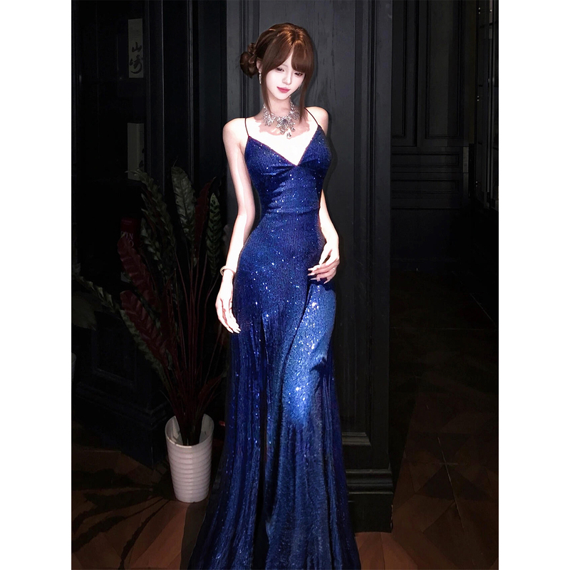French-Style Spaghetti Strap Evening Dress for Women, High-End Host Banquet Birthday Adult Ceremony Elegant Socialite Sequin Mermaid Dress French-Style Spaghetti Strap Evening Dress for Women, High-End Host Banquet Birthday Adult Ceremony Elegant Socialite Sequin Mermaid Dress