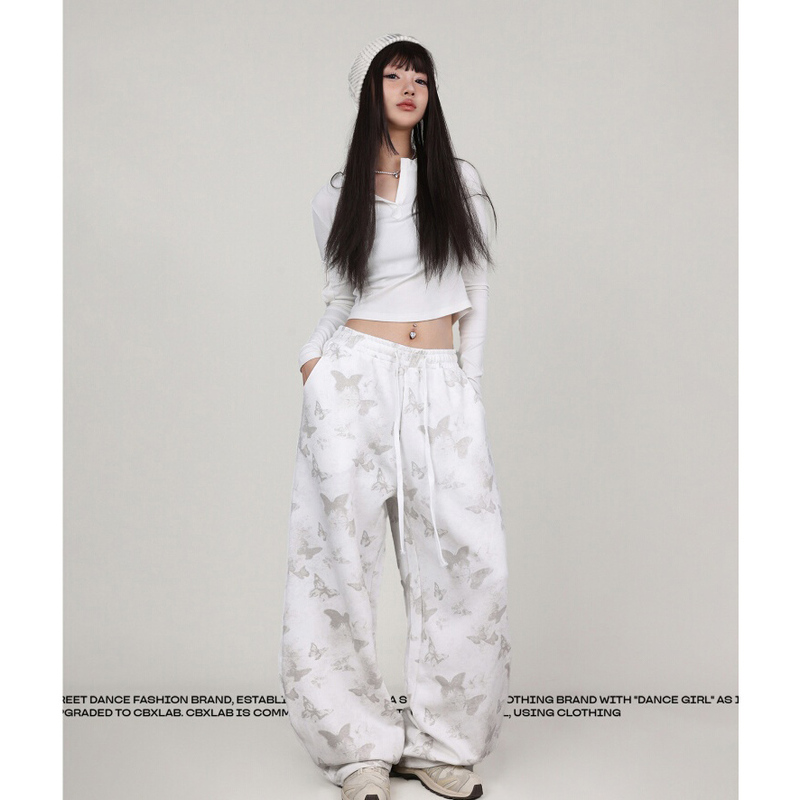 British Dhwa American-Style Banana Wide-Leg Pants for Women, Summer 2026 New Fashion Butterfly Print Hip-Hop Sports Pants Trendy