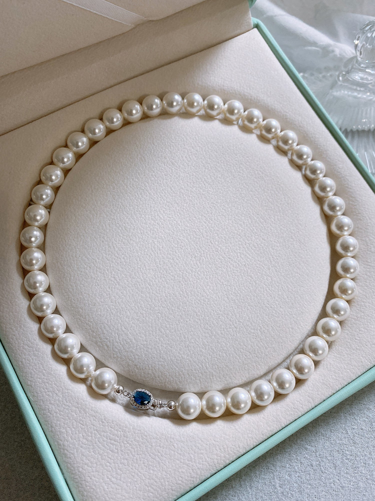 Ni Ni's Same Style 925 Silver Windsor Sapphire Australian White Pearl Necklace, Feminine and Elegant, Light Luxury, High-Gloss Clavicle Chain