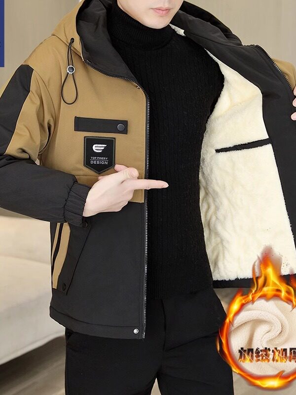 Woodpecker Men's Jacket New Trendy Men's Workwear Hooded Fleece Jacket Windbreaker Winter Thickened Cotton Coat