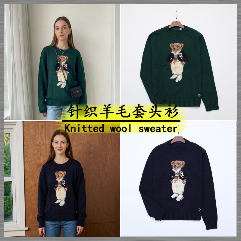 Rl Bear Wool Blend Pullover Knitwear American Retro Couple Style Round Neck Cashmere Knitwear