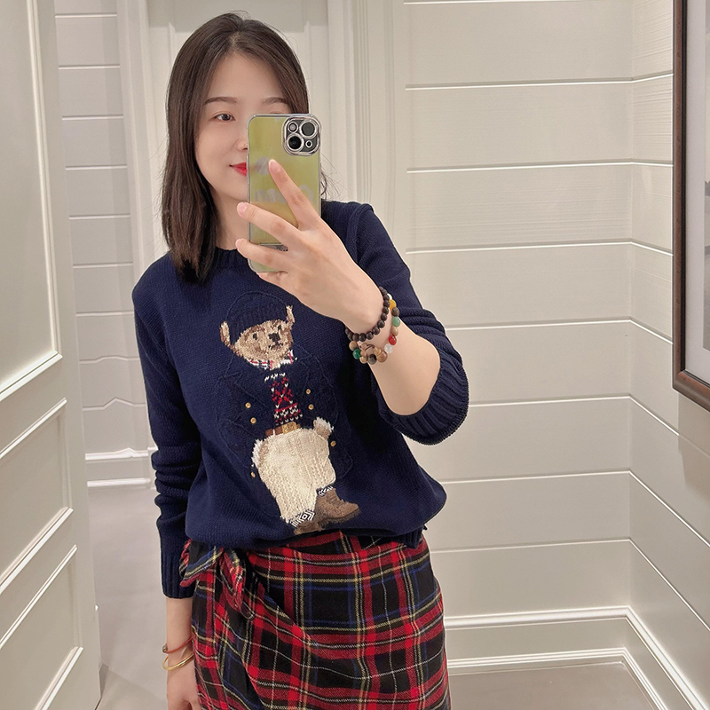 New Winter Rl Bear Sweater for Women, Round Neck Classic Style, Petite Loose Fit, Blue Cotton Knit Top