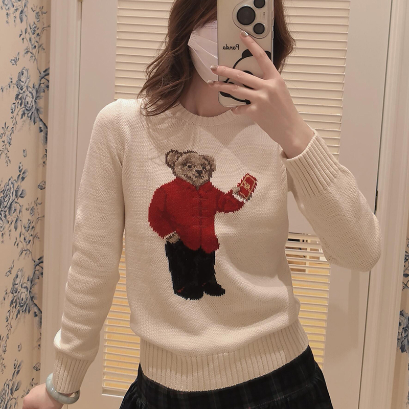 Rl Red Bear Sweater for Women New Autumn and Winter Old Money American Preppy Style New Year Wool White Knit Top