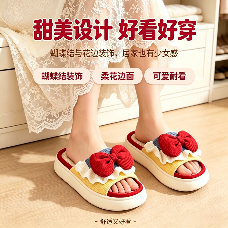 Linen Slippers for Women with Bow Lace, Thick Sole, Non-Slip, Home Dormitory Princess Style, Spring and Autumn, All-Season Breathable Slip-Ons Linen Slippers for Women with Bow Lace, Thick Sole, Non-Slip, Home Dormitory Princess Style, Spring and Autumn, All-Season Breathable Slip-Ons