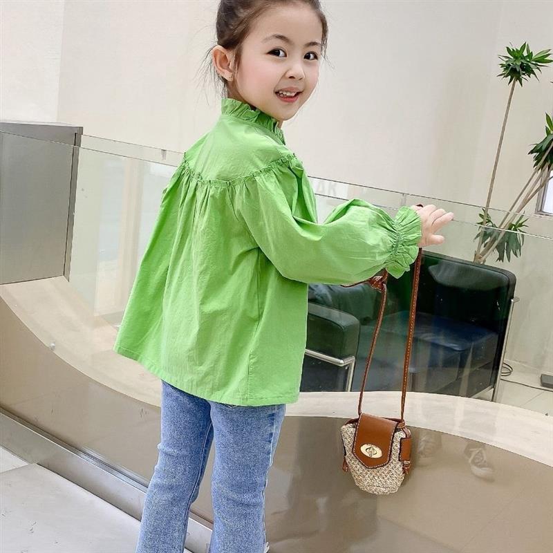 Balabala Korean 2023 New Children's Spring Wear 0-8 Years Old Fashion Girl's Green Doll Shirt Collar Shirt