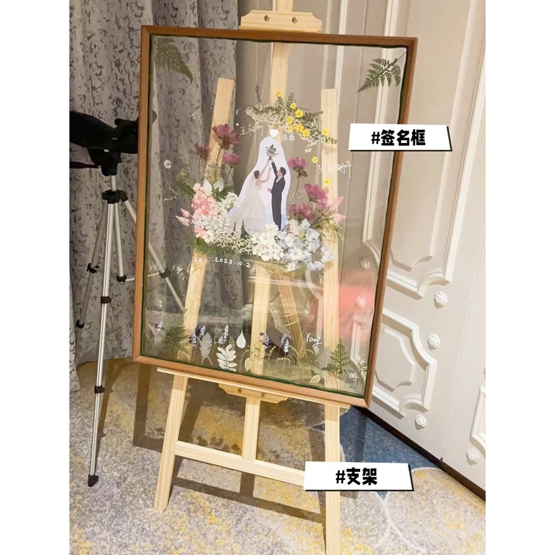 Embossed Sign-In Board Outdoor Fixed Solid Wood Stand Dried Flower Signature Photo Frame Welcome Sign Wedding Sign-In Display Stand