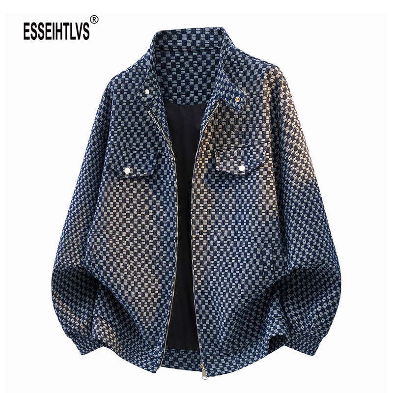 Esseihtlvs American Trendy High-End Jacquard Denim Jacket for Men, New Fashion Loose-Fitting Outerwear for Spring and Autumn Esseihtlvs American Trendy High-End Jacquard Denim Jacket for Men, New Fashion Loose-Fitting Outerwear for Spring and Autumn