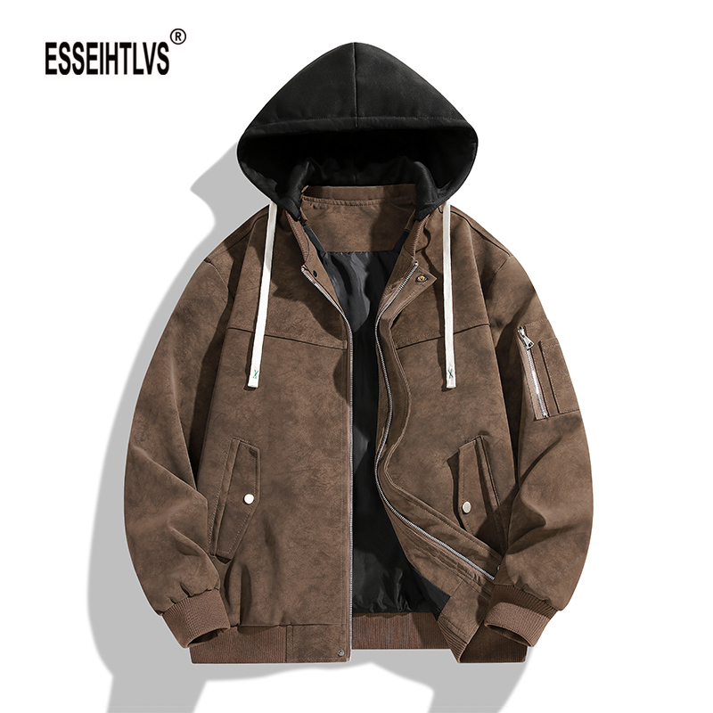 Esseihtlvs Hooded Leather Jacket Men's Spring and Autumn Trendy Fashion Baseball Jacket American Casual Pu Leather Jacket