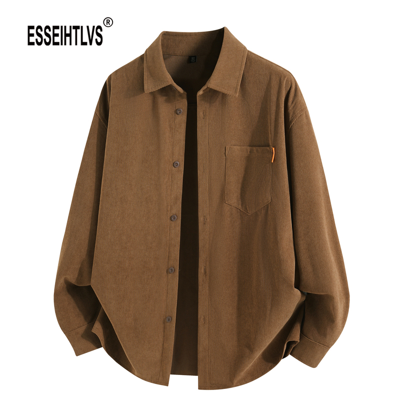 Esseihtlvs Maillard Shirt Men's Autumn Coffee-Colored Corduroy Retro Workwear Drapey Lapel Long-Sleeved Shirt Esseihtlvs Maillard Shirt Men's Autumn Coffee-Colored Corduroy Retro Workwear Drapey Lapel Long-Sleeved Shirt