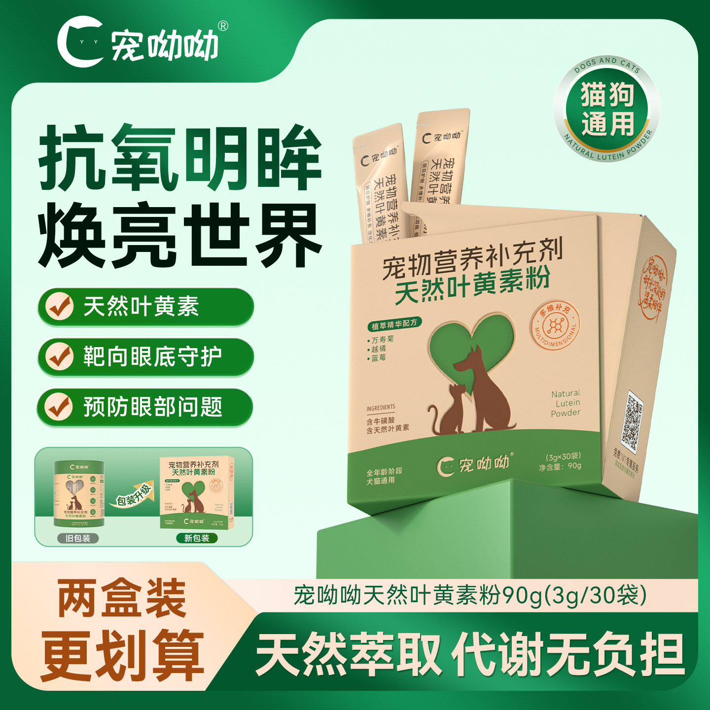 ペット用ヨヨクウ ルテインパウダー：視力改善、目の保護、白内障の緩和、植物エキス配合、解熱・抗炎症作用があり、猫と犬に適しています。