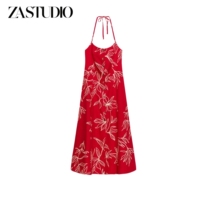 ZA new summer women's A-line hem straight neckline printed mid-length midi dress 3897124