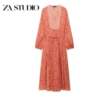 ZA new summer women's round V-neck bow tie flower print A-line hem dress 2113844