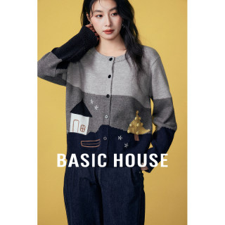 Basic house/baijiahao korean style color-blocked cardigan coat autumn and winter new age-reducing round neck short sweater for women