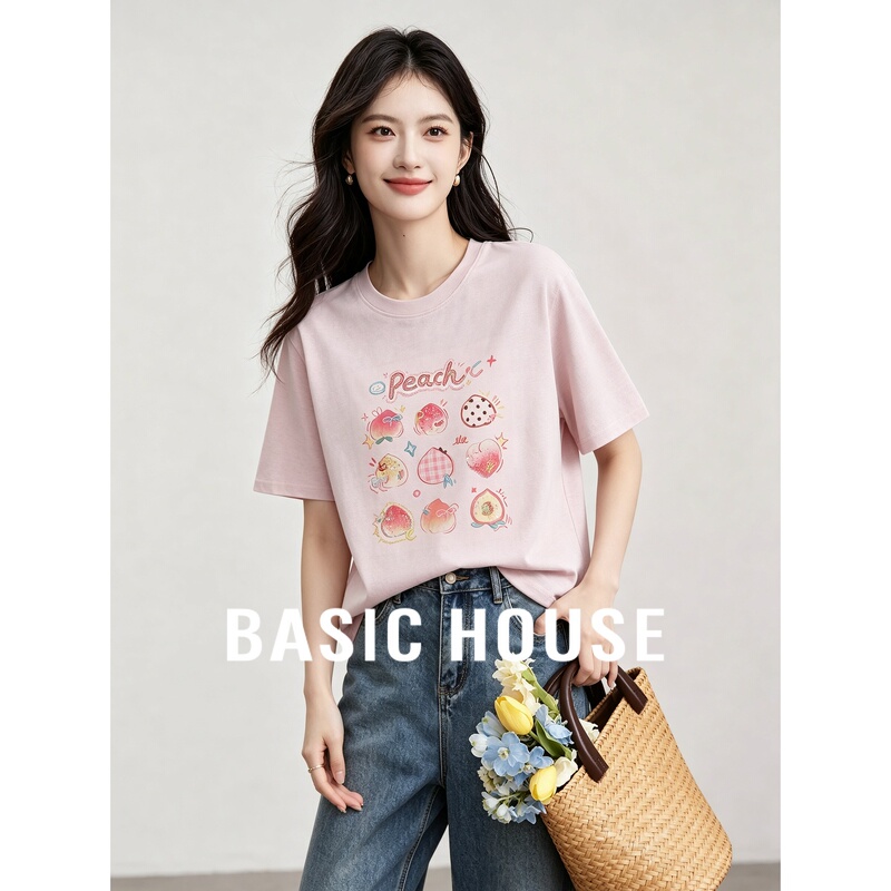 Basic House/Baijiahao Pink Printed Cotton Short-Sleeve T-Shirt for Women, Unique and Beautiful Summer Top