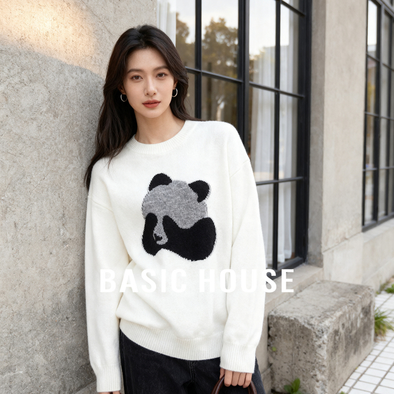 Basic House/Baijiahao Sheep Wool Round Neck Panda Embroidery Sweater Winter Gray Drop Shoulder Short Top