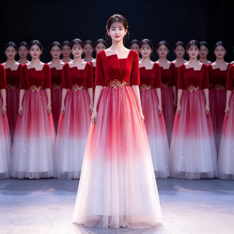 Retro Style Red Quarter-Sleeved Square-Neck Performance Dress for Women, Long Dress, Performance Dress, Chorus Conductor Recitation Evening Dress