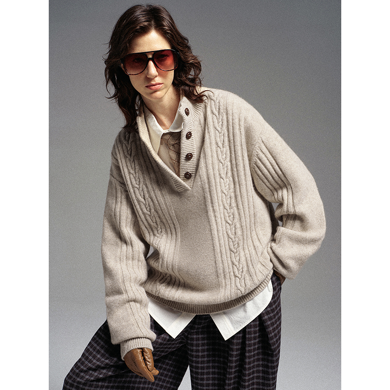 Flowersays: Patterned Orchid Xian De Vintage Half-Placket Cable Knit Yak Wool Sweater Thick Knitwear