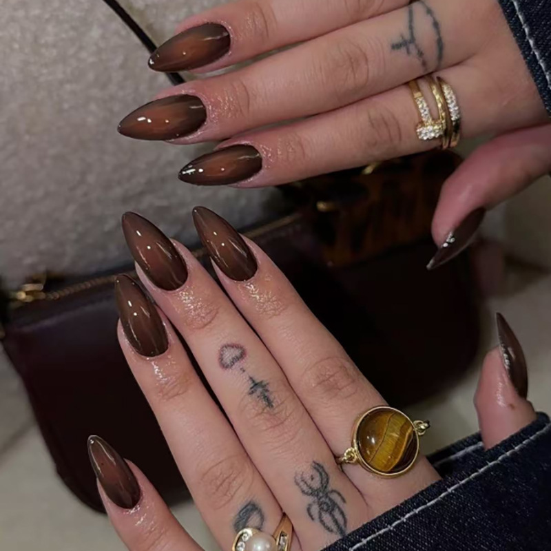 Pointed Tip Wearable Nail Patches Almond Gothic Style Black and Brown Gradient Color Personalized European and American Style Removable Fake Nails