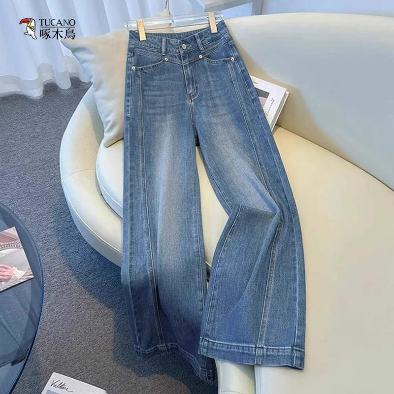 ウッドペッカー ライトブルー デニム ワイドレッグパンツ（レディース）、2026年春夏新作、今年最もホットなアメリカンレトロ ストレートレッグパンツ