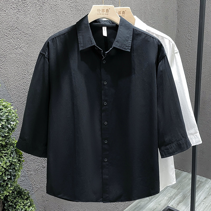Japanese-Style Fresh Solid Color Three-Quarter Sleeve Shirt for Men, Pure Cotton, Loose Fit, Versatile, Light Luxury, Artistic, Casual Half-Sleeve Shirt