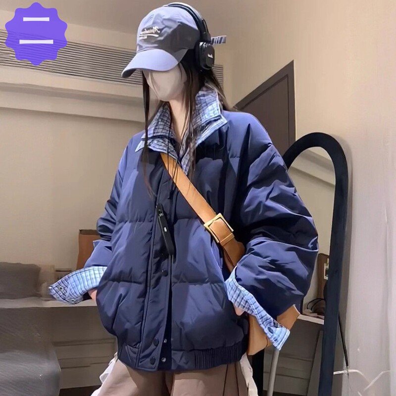 Fashionable Navy Blue Versatile down Jacket for Women, Winter Short Design with Patchwork Style, Thickened and Warm Puffer Coat