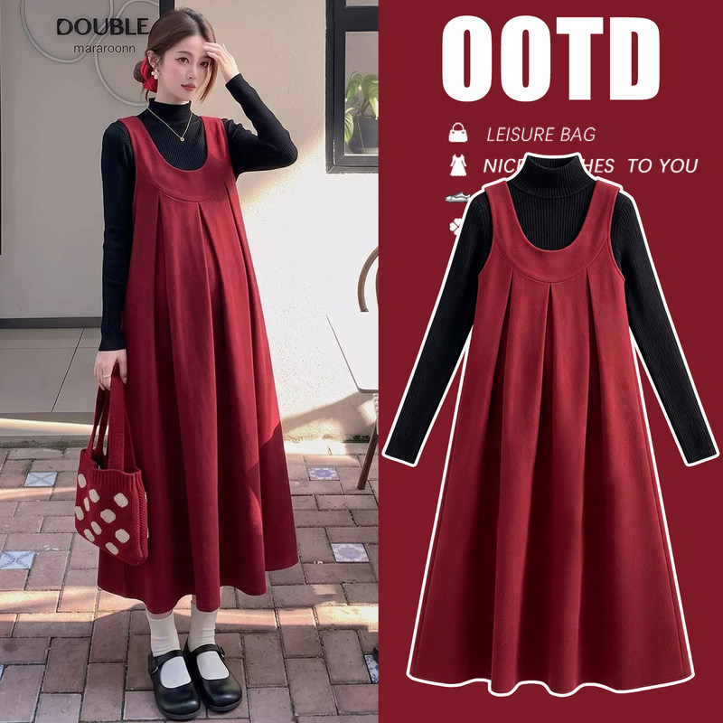 Maternity Wear Autumn Dress with a High-End Feel, 2026 New Style Pregnancy Sweater, Red Beautiful Vest Dress Two-Piece Set
