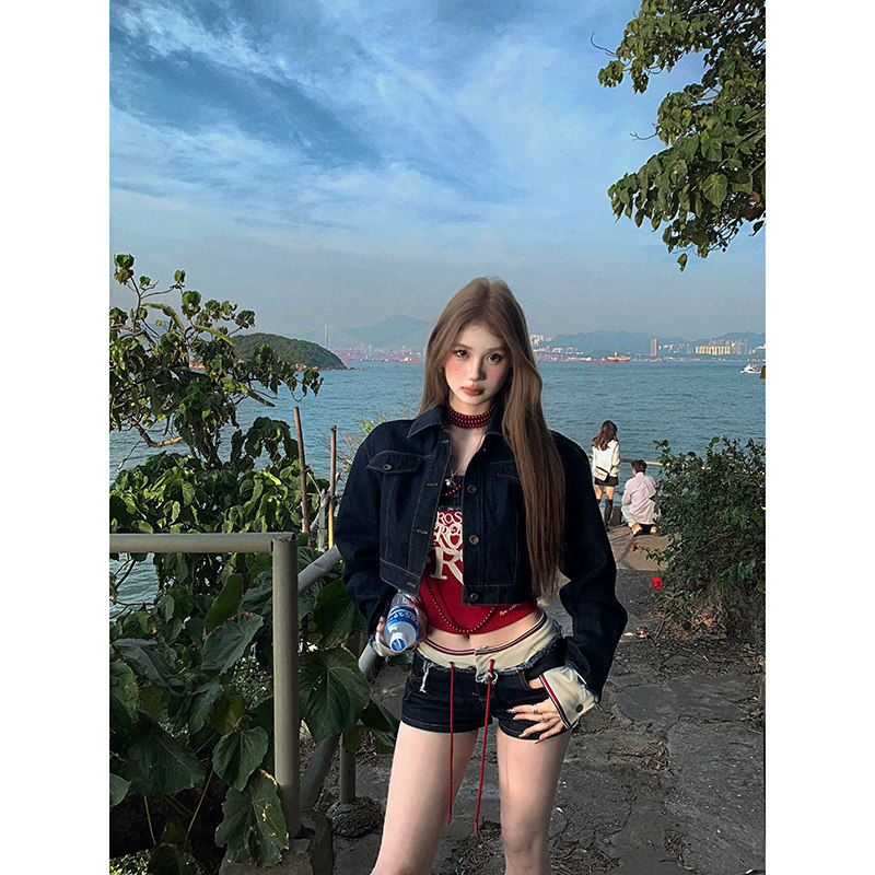 Джинсовая куртка Tongiiuu tannin girl в стиле ретро для тяжелой промышленности, камзол, повседневные шорты, костюм для женщин на весну и лето Изображение 1