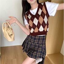 American college style diamond layered pullover knitted vest for women autumn v-neck short sleeveless woolen vest