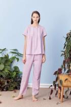 American Standard pajamas spring and summer womens woven pure cotton double-layer cotton yarn round neck cardigan short-sleeved trousers suit 62341