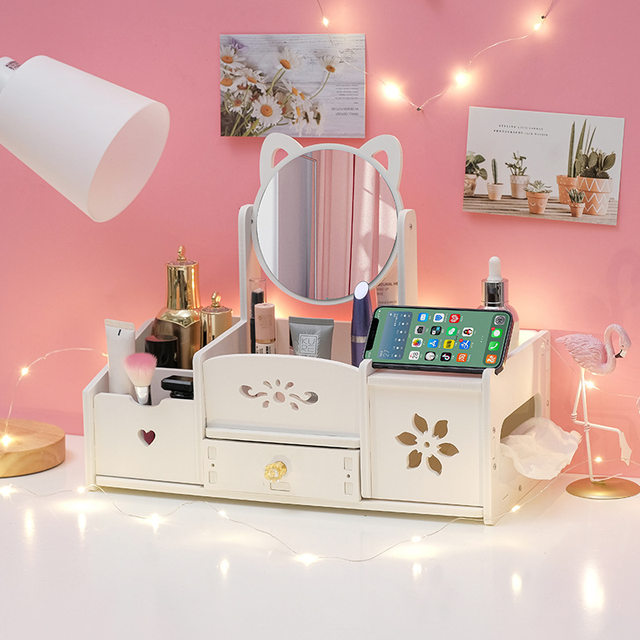 Makeup mirror wooden desktop dressing mirror with storage cat ear desktop dormitory dressing table with paper drawer