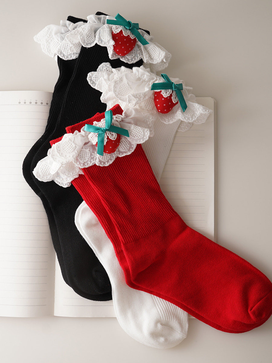 Strawberry Lace Lolita Socks with Cotton Ruffle Trim - Product image 8