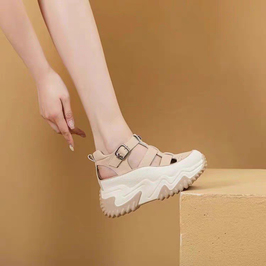Brand genuine leather sandals for women 2025 new summer breathable hole Roman shoes thick sole sports hollow white shoes