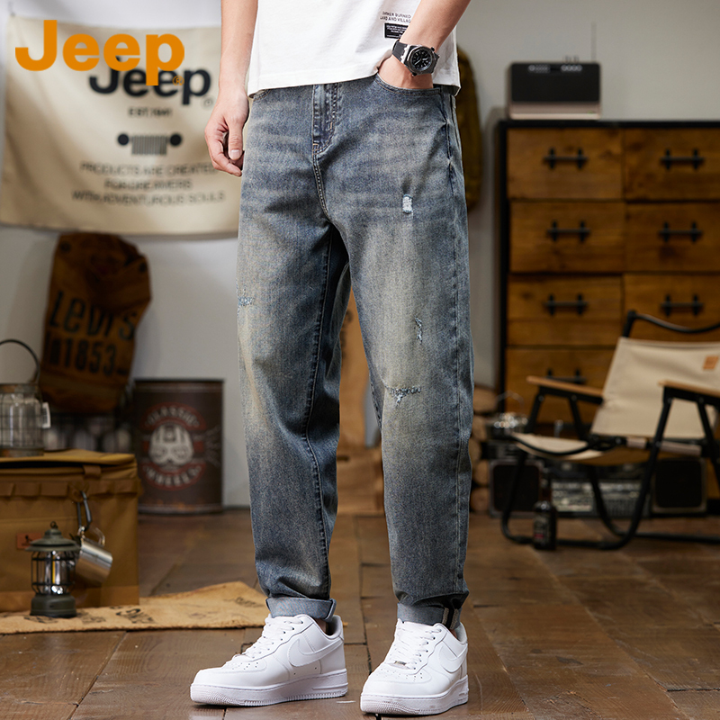 Jeep Jeep Ripped Jeans Men's Summer Thin Loose Straight Retro Trendy Brand Washed Stretch Long Pants