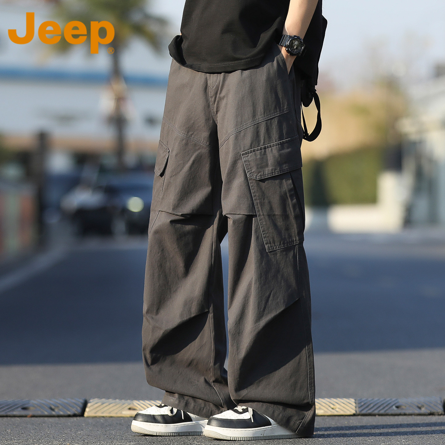 JEEP吉普重磅拼接多口袋工装裤男士夏季薄款宽松直筒潮流休闲裤子