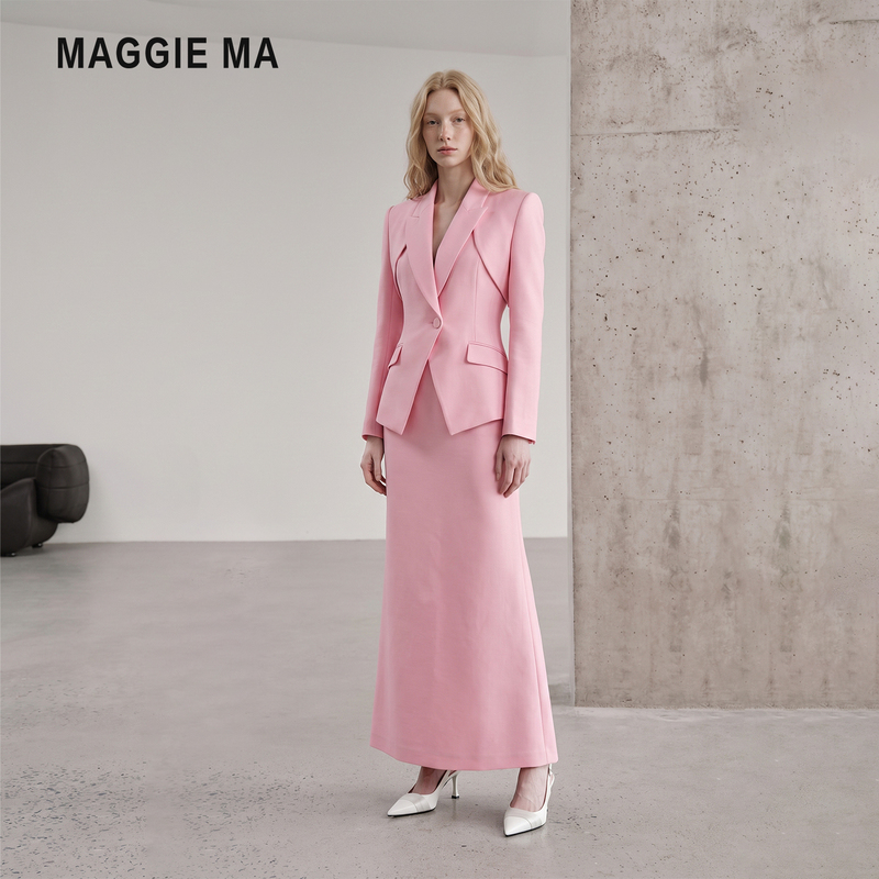 Maggie Ma|"Rose Mist Sequence" Mist Pink Suit Set Women's Straight Long Skirt Early Autumn Commuting Two-Piece Set Maggie Ma|"Rose Mist Sequence" Mist Pink Suit Set Women's Straight Long Skirt Early Autumn Commuting Two-Piece Set