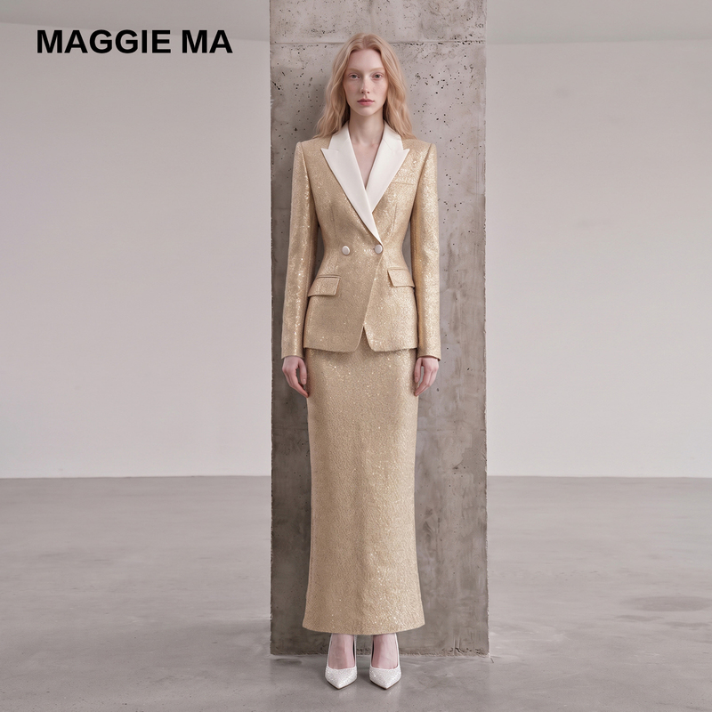 Maggiema|"Odyssey” Early Autumn Gold Shimmering White-Collar Waist-Cinching Blazer Long Skirt Suit Maggiema|"Odyssey” Early Autumn Gold Shimmering White-Collar Waist-Cinching Blazer Long Skirt Suit
